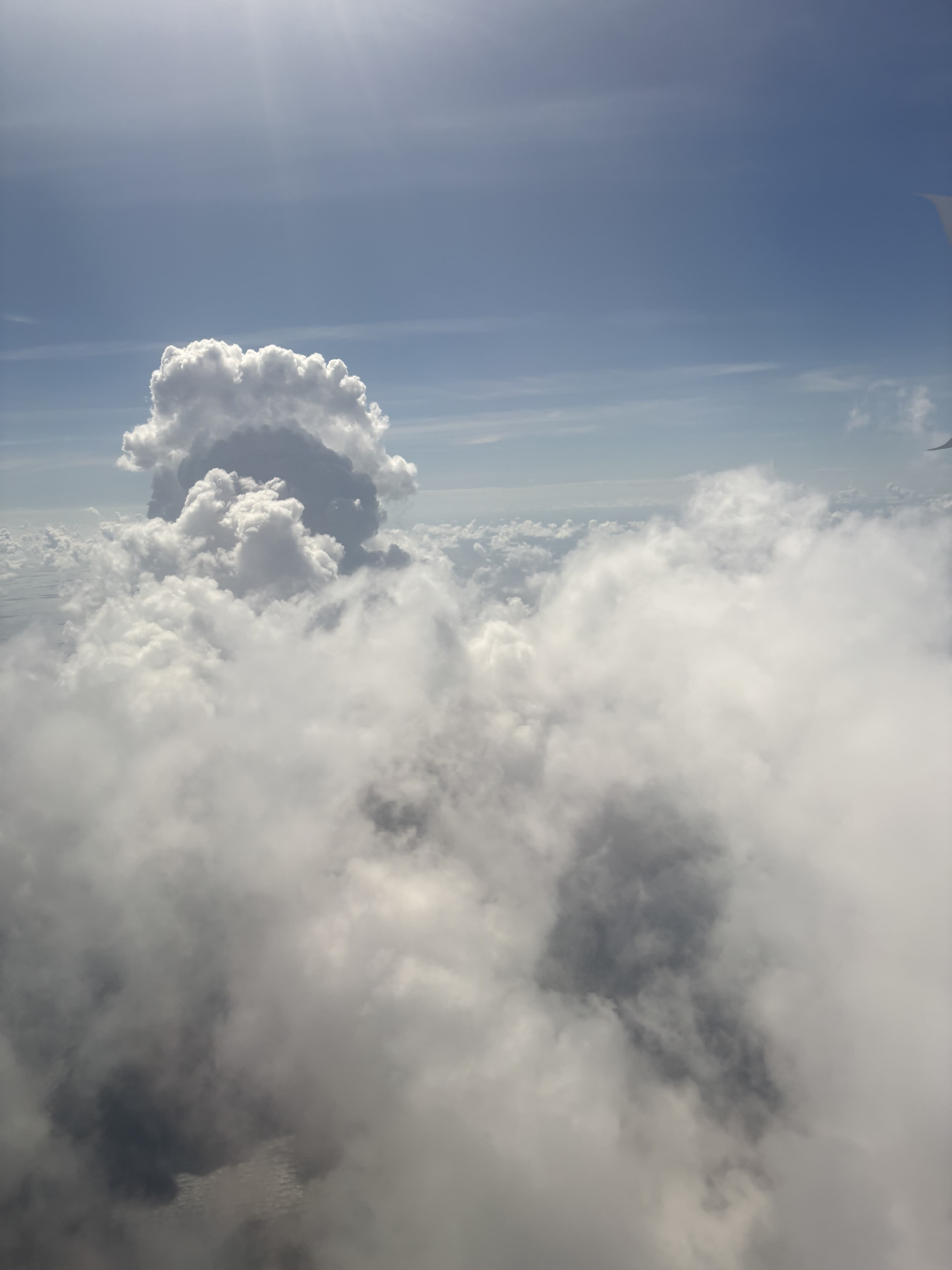 View from above the clouds, with a tall cumulus tower rising in the distance